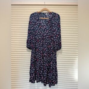 GAP Navy Floral Long-Sleeve Midi Dress